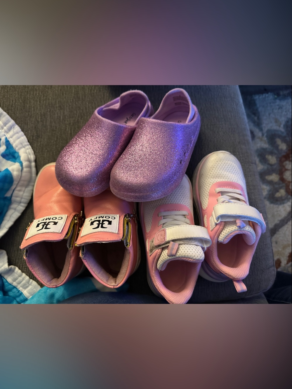 Kids Pink and Purple Shoe Set — Sporty Sneakers and Glitter Clogs